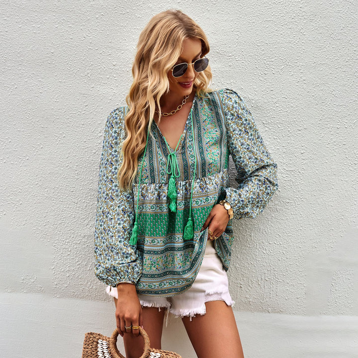 Women’s relaxed Boho tunic blouse with V-neck, tassel tie and gathered balloon sleeves Mune Fashion