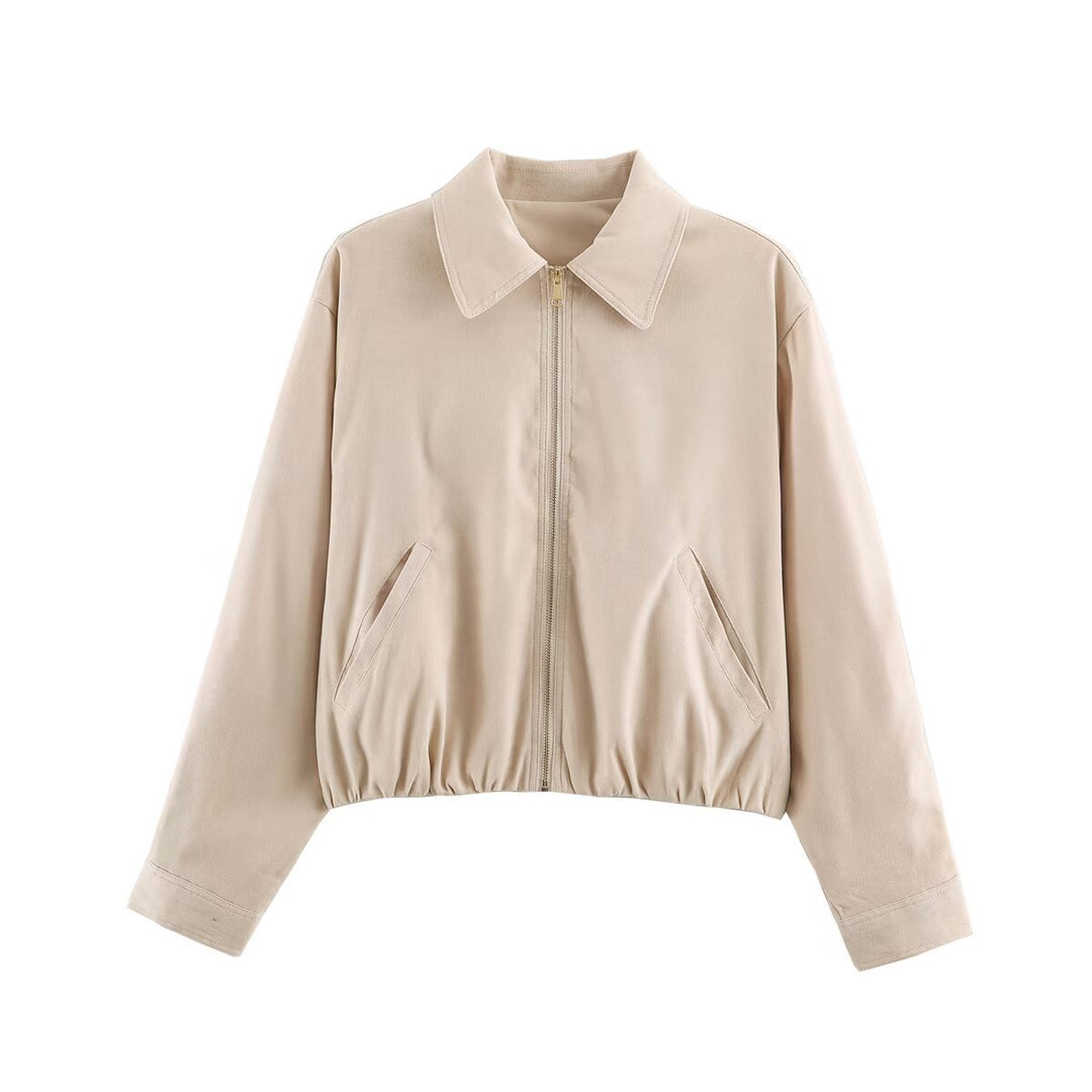 Women's Short Cut Bomber Jacket with Zipper, Shirt Collar and Elastic Hem Mune Fashion