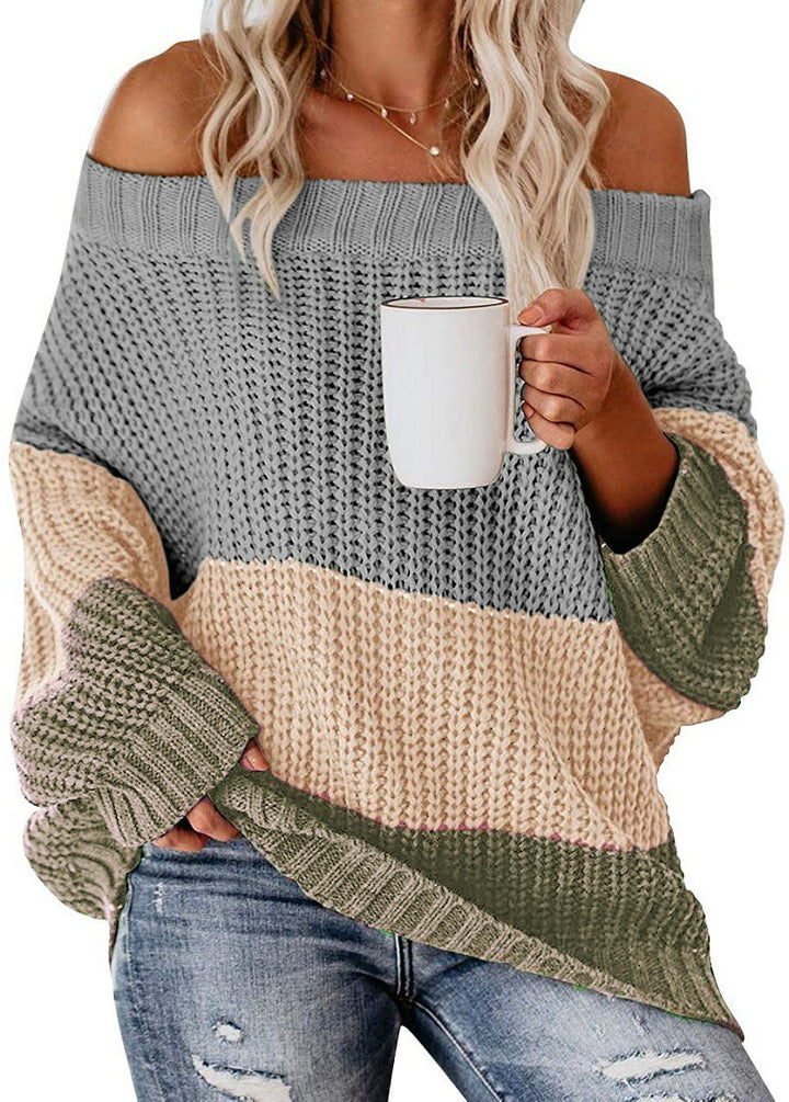 Women's Off-shoulder Oversize Block Stripe Knit Sweater Mune Fashion