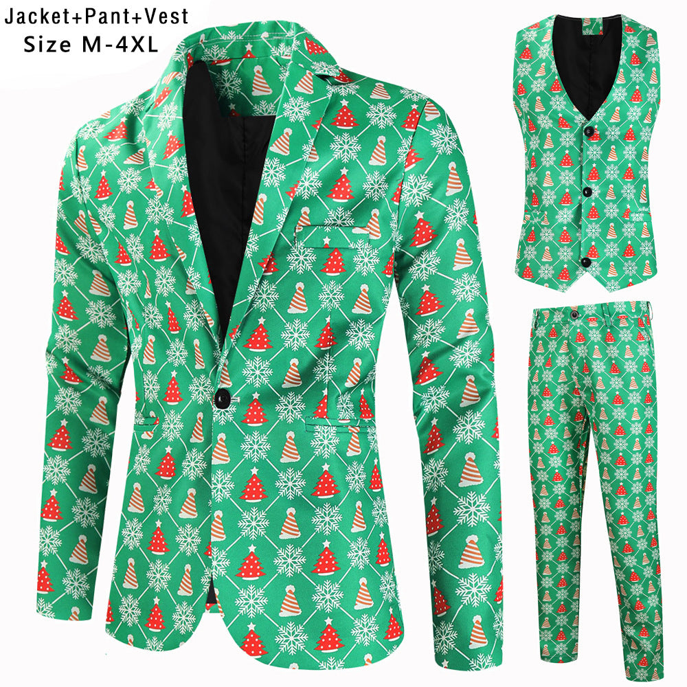 Men's Three-Piece Festive Suit Set with Christmas Print and Tailored Blazer Mune Fashion