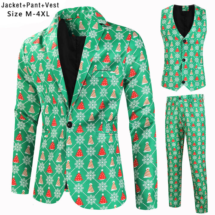 Men's Three-Piece Festive Suit Set with Christmas Print and Tailored Blazer Mune Fashion