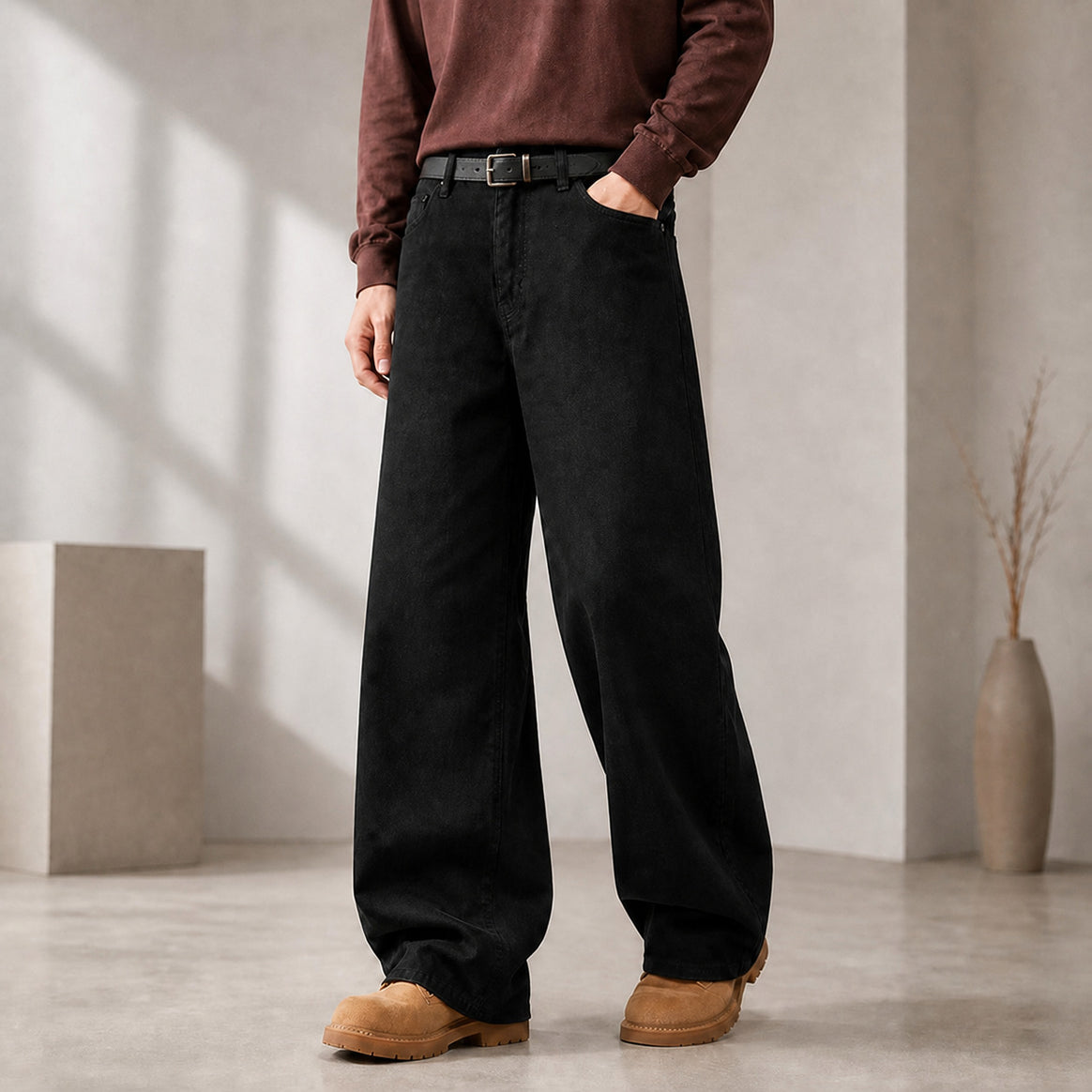 Men's Wide Cotton Jeans with High Waist and Five-Pocket Design Mune Fashion