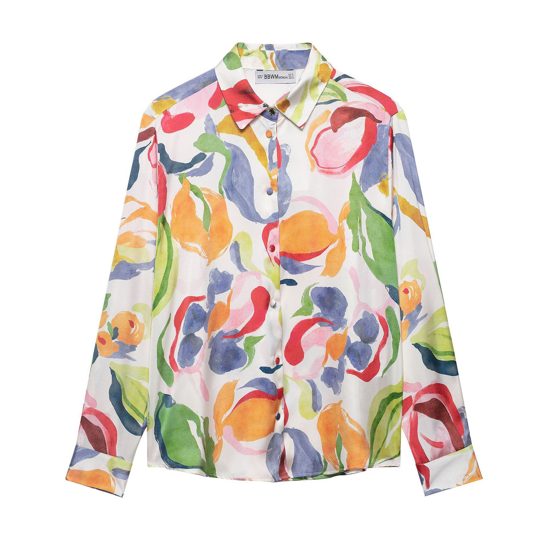 Women Silk-imitate Blouse with Watercolor Print and Shirt Collar Mune Fashion