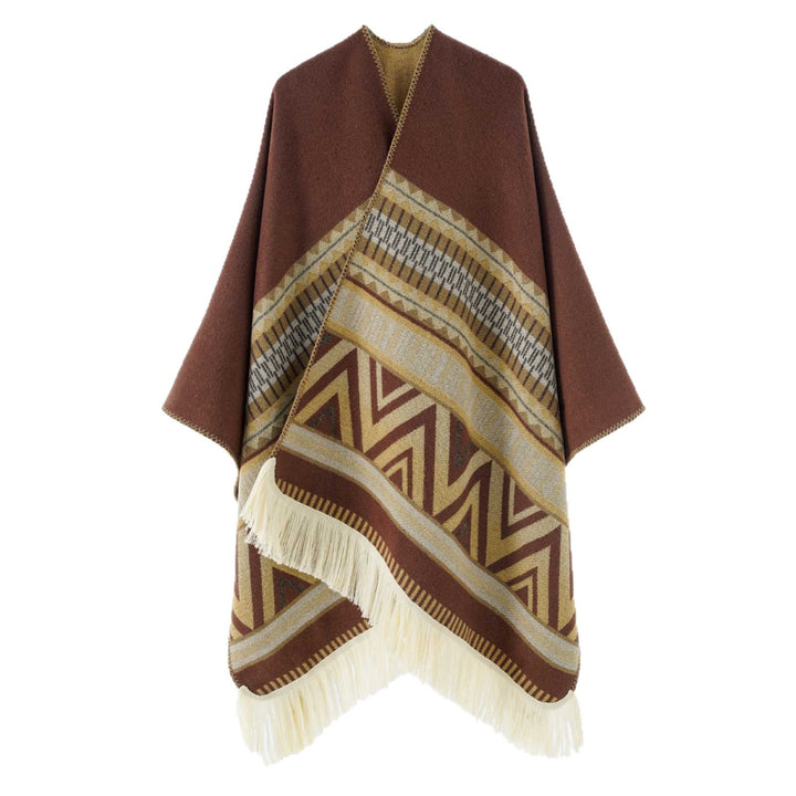 Women's Woven Ethno-Poncho with Fringes and Jacquard Pattern Mune Fashion