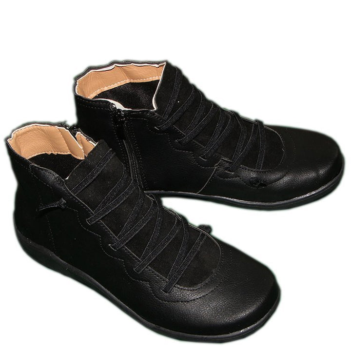 Women's Ankle-Height Comfort Boots with Elastic Decorative Lacing and Side Zipper Mune Fashion