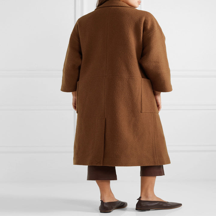 Women's Long Oversized Coat in Relaxed Wool Blend with Large Shawl Collar and Patch Pockets Mune Fashion