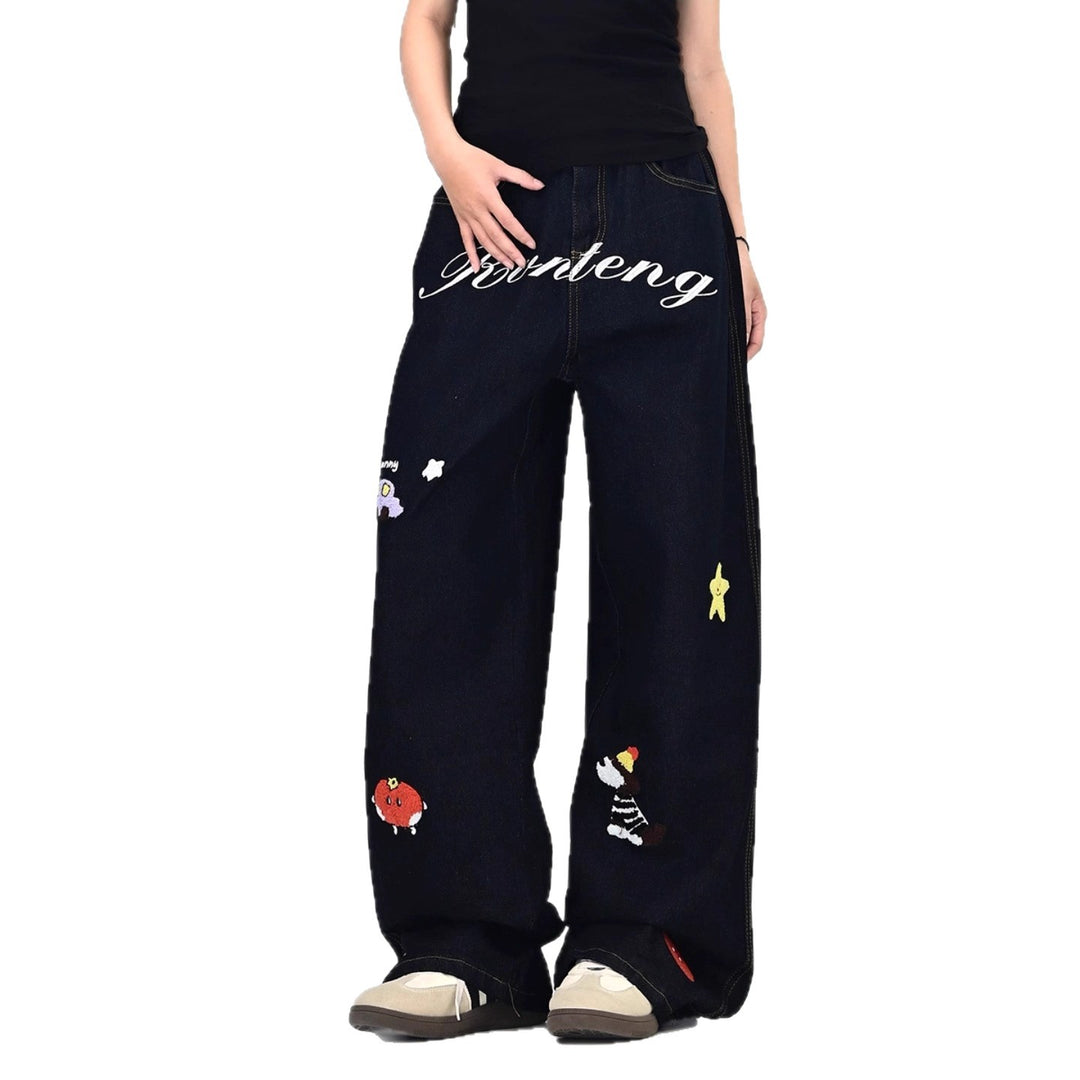 Women's Wide Cut Costume Jeans with Colorful Embroidery Design Mune Fashion