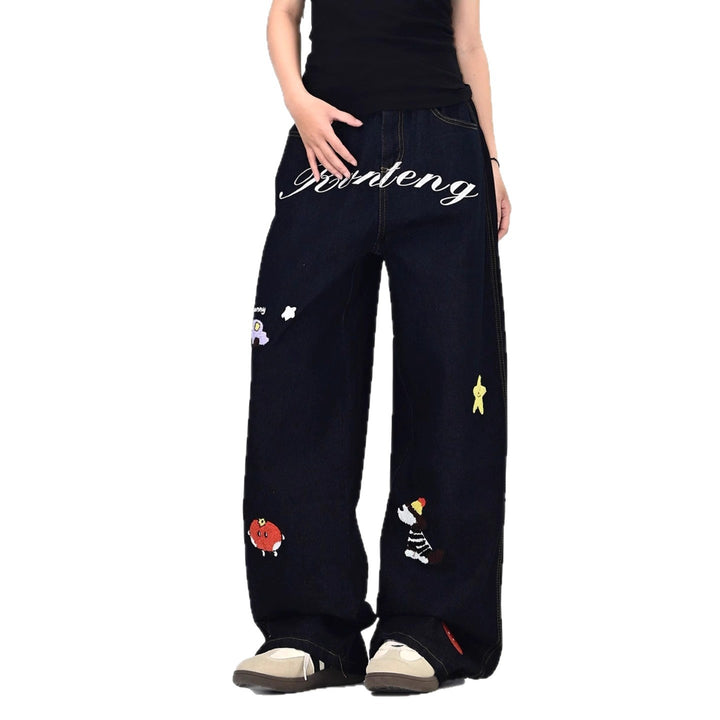 Women's Wide Cut Costume Jeans with Colorful Embroidery Design Mune Fashion