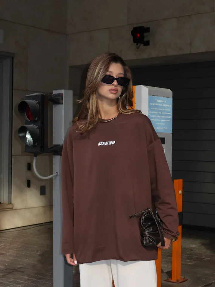 Women Oversized Long Sleeve Sweatshirt with Statement Print and Round Neckline Mune Fashion