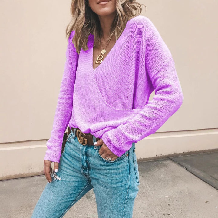 Women's Light Oversized Knit Sweater with Wrap Look and V-Neck Mune Fashion