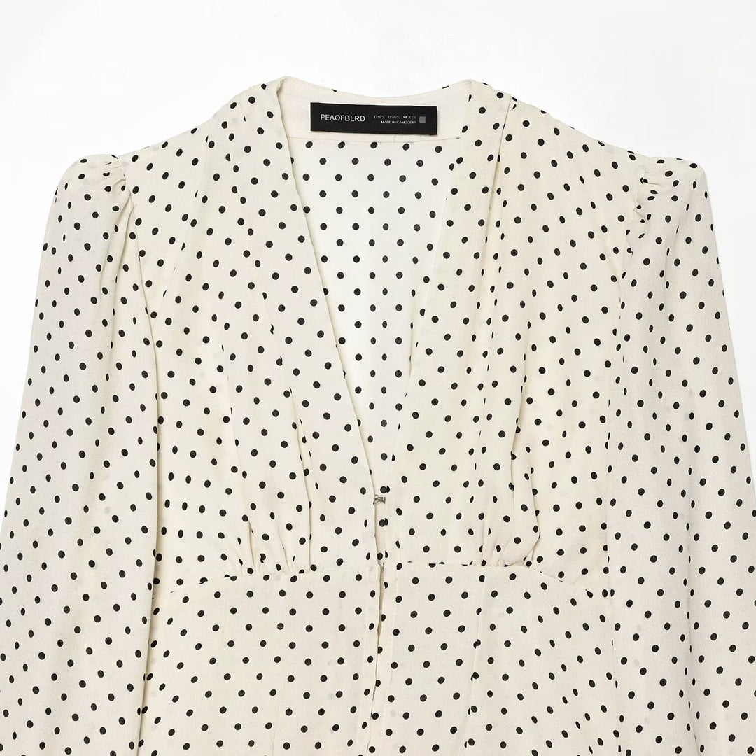 Women Polka Dot Blouse with V-Neck, Ruffled Hem and Balloon Sleeves Mune Fashion