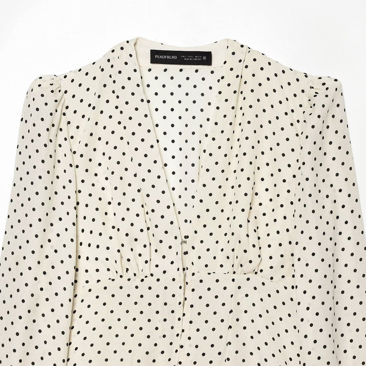 Women Polka Dot Blouse with V-Neck, Ruffled Hem and Balloon Sleeves Mune Fashion