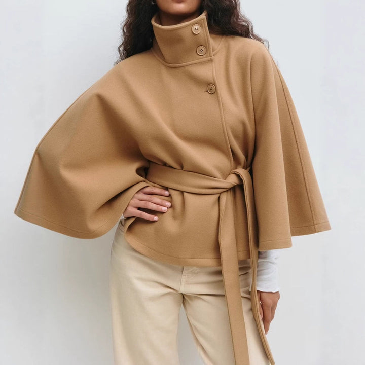 Ladies oversized cape jacket with stand-up collar, concealed button placket and belt Mune Fashion