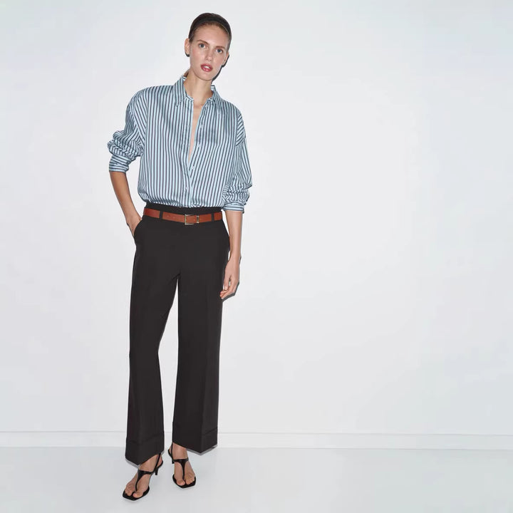 Women Wide High-Waist Trousers with Cuffed Hem, Pleat and Waist Belt Mune Fashion