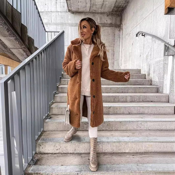 Women's longer cozy teddy coat with button closure and hood Mune Fashion