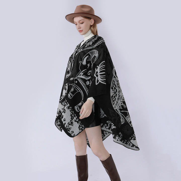 Women's jacquard kimono cape made of wool blend with ornamental animal motifs Mune Fashion