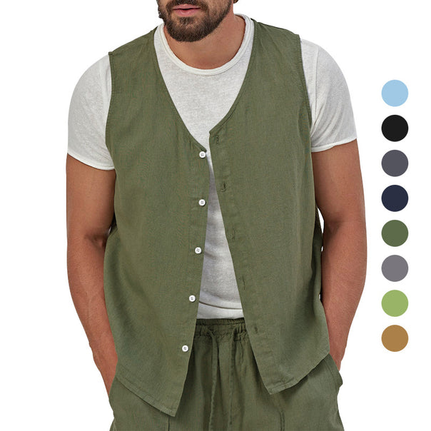 Men's casual sleeveless shirt waistcoat made of linen-cotton blend with V-neck and full button placket Mune Fashion