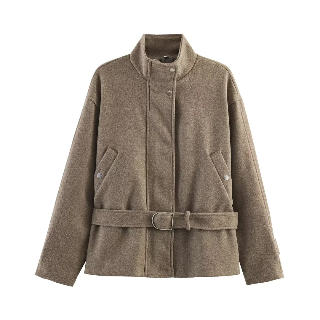Women's tailored short jacket in wool blend with stand-up collar, snap button placket, and tie belt Mune Fashion