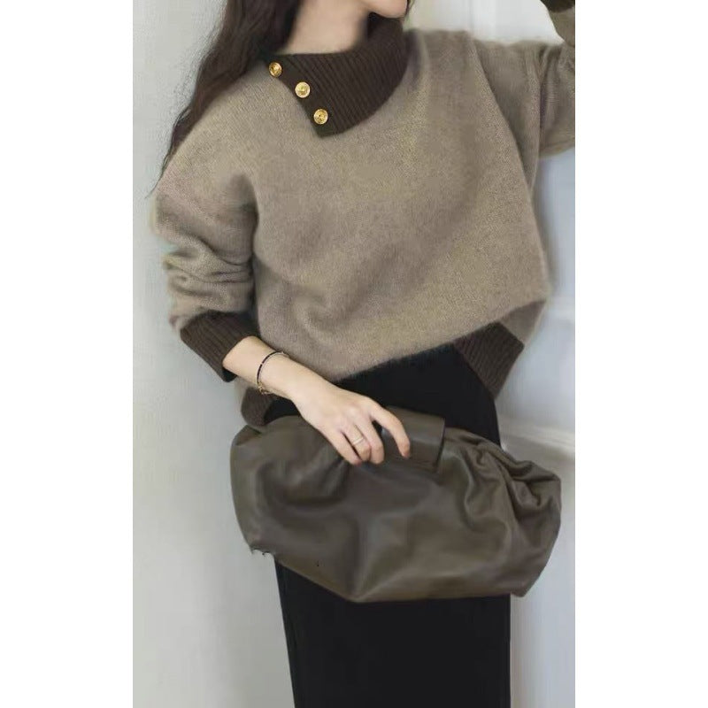 Women's Short-Cut Sweater with Asymmetrical Button Mock Neck and Balloon Sleeves Mune Fashion
