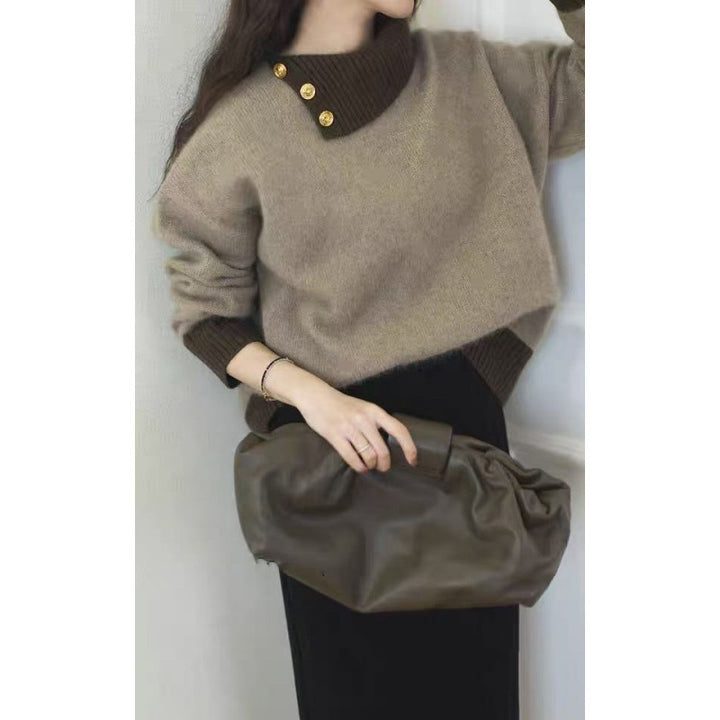 Women's Short-Cut Sweater with Asymmetrical Button Mock Neck and Balloon Sleeves Mune Fashion