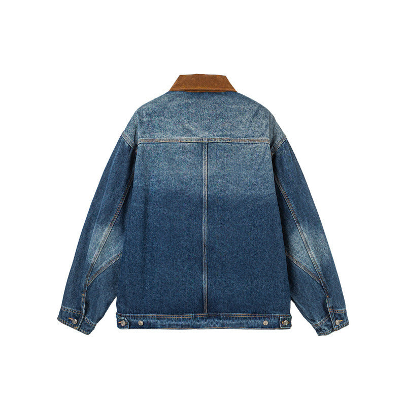 Men's Boxy Denim Jacket in Worker Style with Cord Collar and Front Zipper Mune Fashion