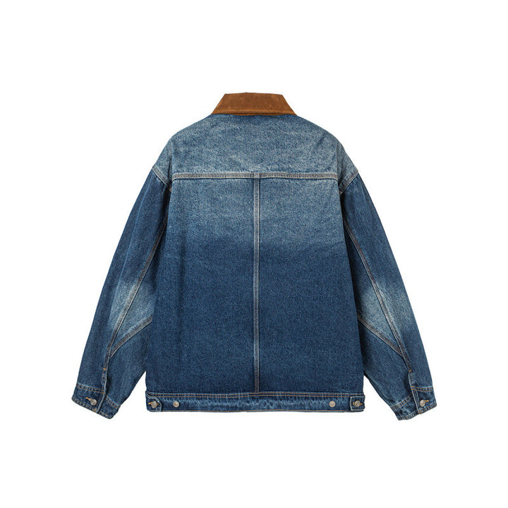 Men's Boxy Denim Jacket in Worker Style with Cord Collar and Front Zipper Mune Fashion