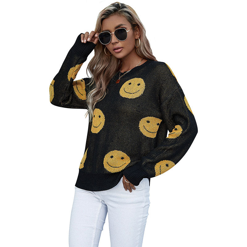 Women's casual knit sweater with smiley jacquard and round neck Mune Fashion