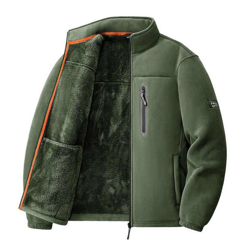 Men's nan thermal fleece jacket with high-pile teddy lining, chest zip pocket, and windproof front shell