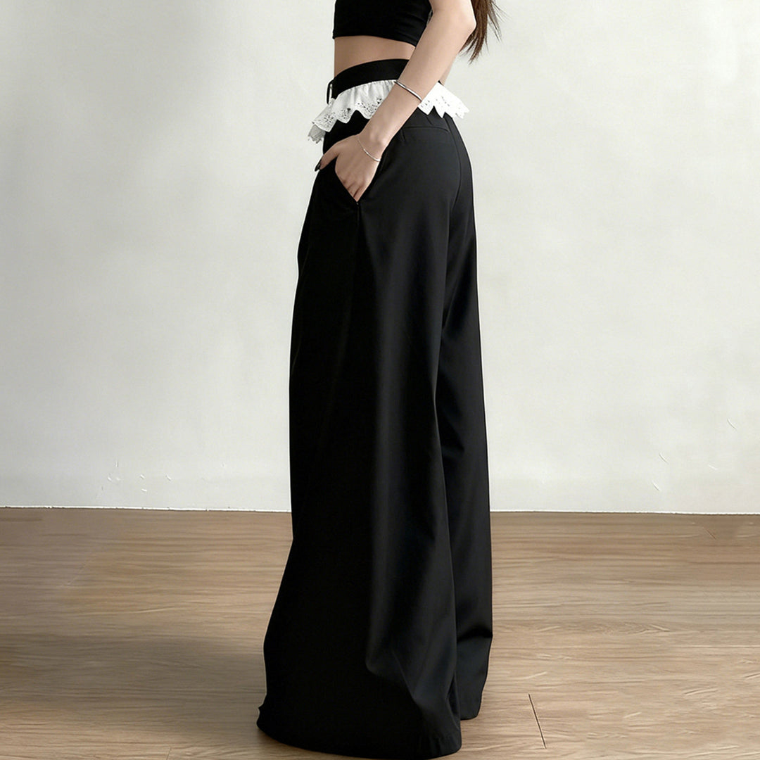 Women's Palazzo Pants with High Waist and Decorative Lace Ruffle Mune Fashion