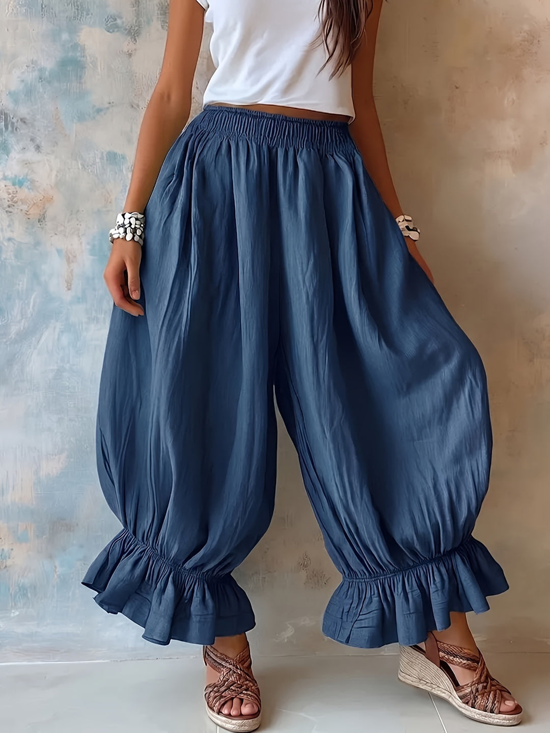 Women loose harem pants with elastic waistband, gathered legs and flounce hem Mune Fashion