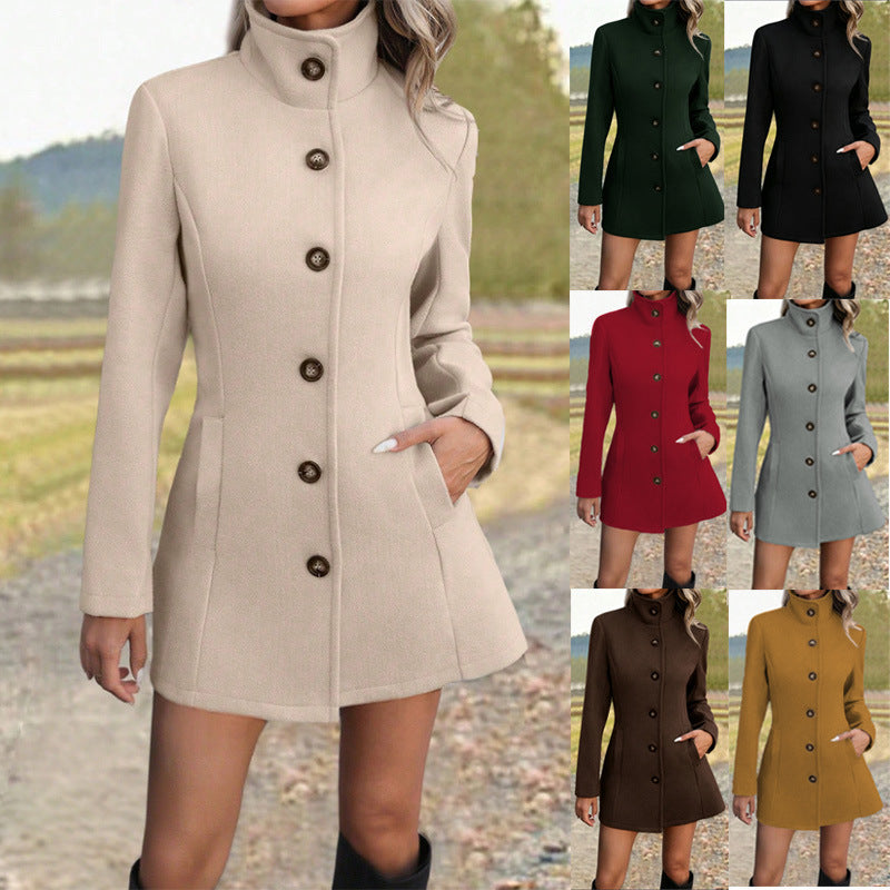 Women's Tailored Wool Coat with Stand-up Collar Mune Fashion