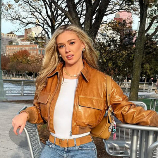 Women's Short Leather-Look Blouson Jacket with Large Flap Pockets and Ribbed Cuff Mune Fashion