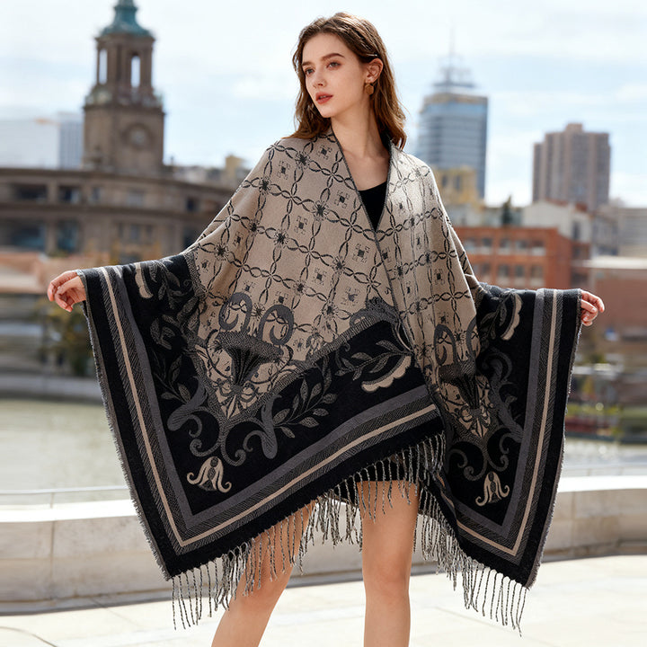 Women's Light Jacquard Caftan Style Throw with Decorative Fringes Mune Fashion