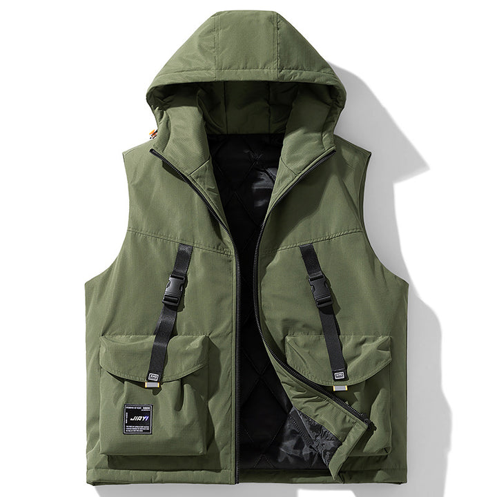 Men's Technical Outdoor Vest with Hood, Quilted Insulation and Multifunctional Cargo Pockets Mune Fashion