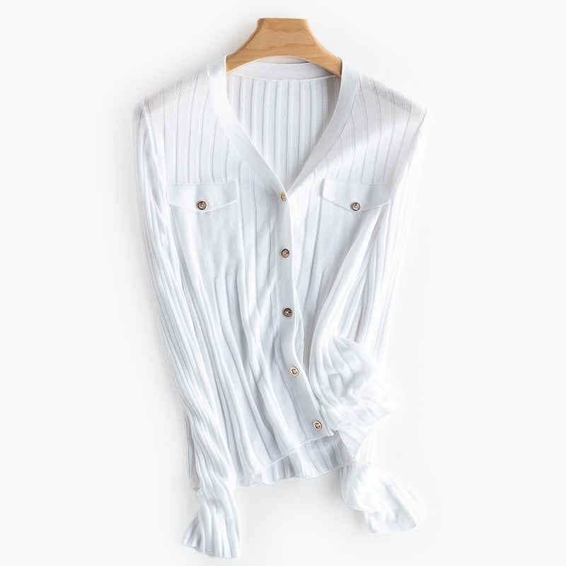 Women Fine Ribbed Button Cardigan with V-Neck and Chest Pockets Mune Fashion