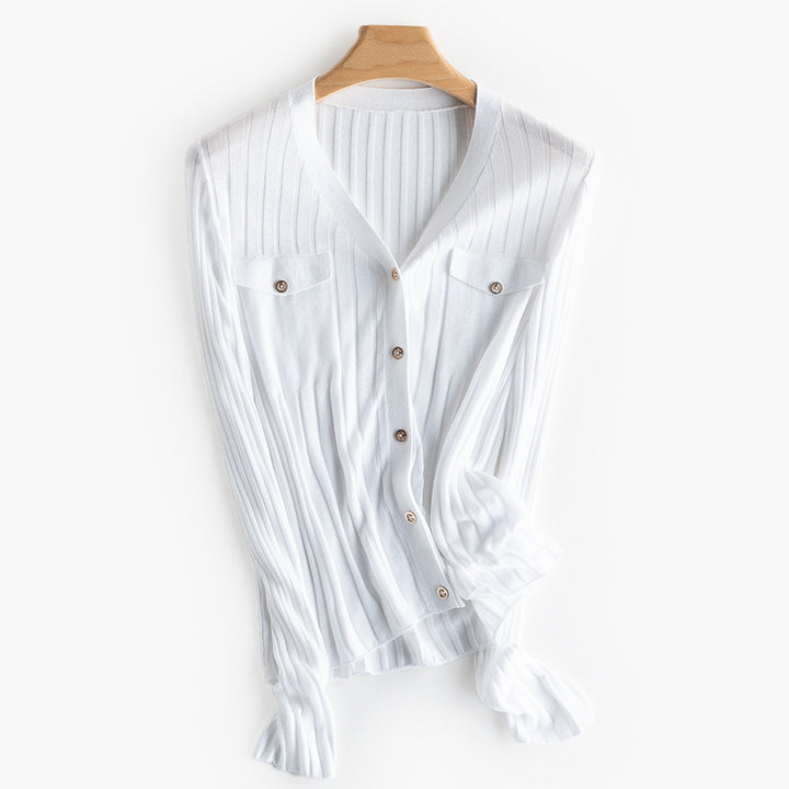 Women Fine Ribbed Button Cardigan with V-Neck and Chest Pockets Mune Fashion