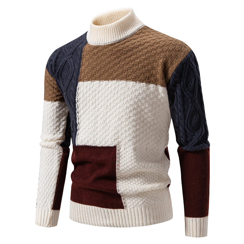Men's knitted pullover with structured patchwork, high collar and combined knit patterns Mune Fashion