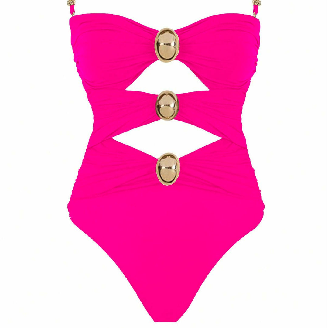Women's one-piece swimsuit with intricate cut-outs and decorative metal accents Mune Fashion