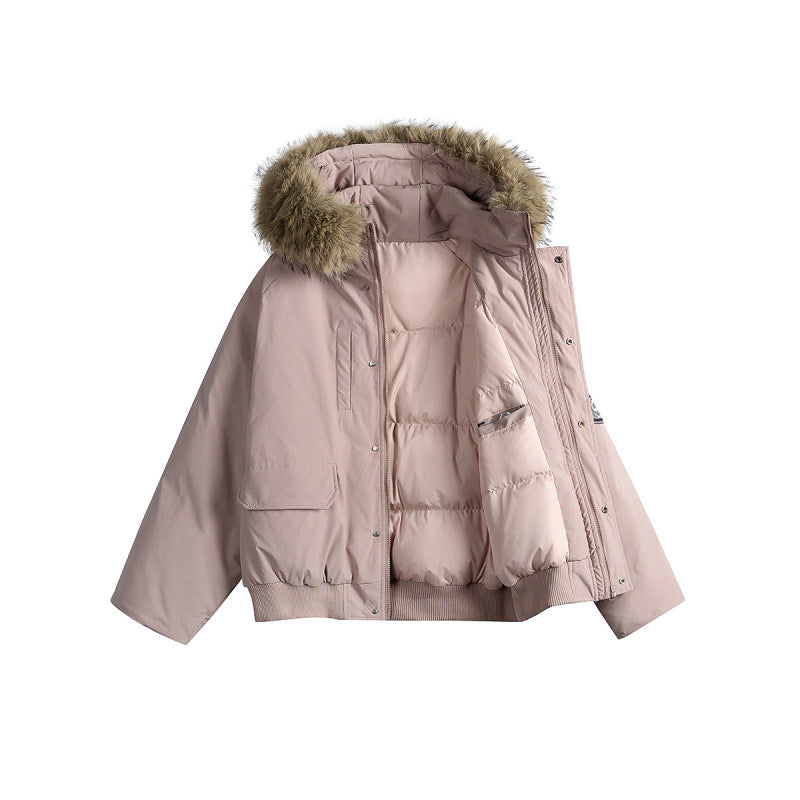Women's short bomber jacket with thermal padding, hood with removable faux fur and utility pockets Mune Fashion