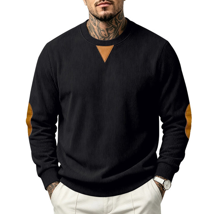 Men's Ribbed Sweatshirt with Leather Look Elbow Patches and Triangle Applique Mune Fashion