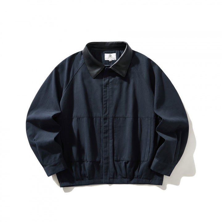 Men's short-cut canvas jacket with imitation leather collar and elastic hem Mune Fashion