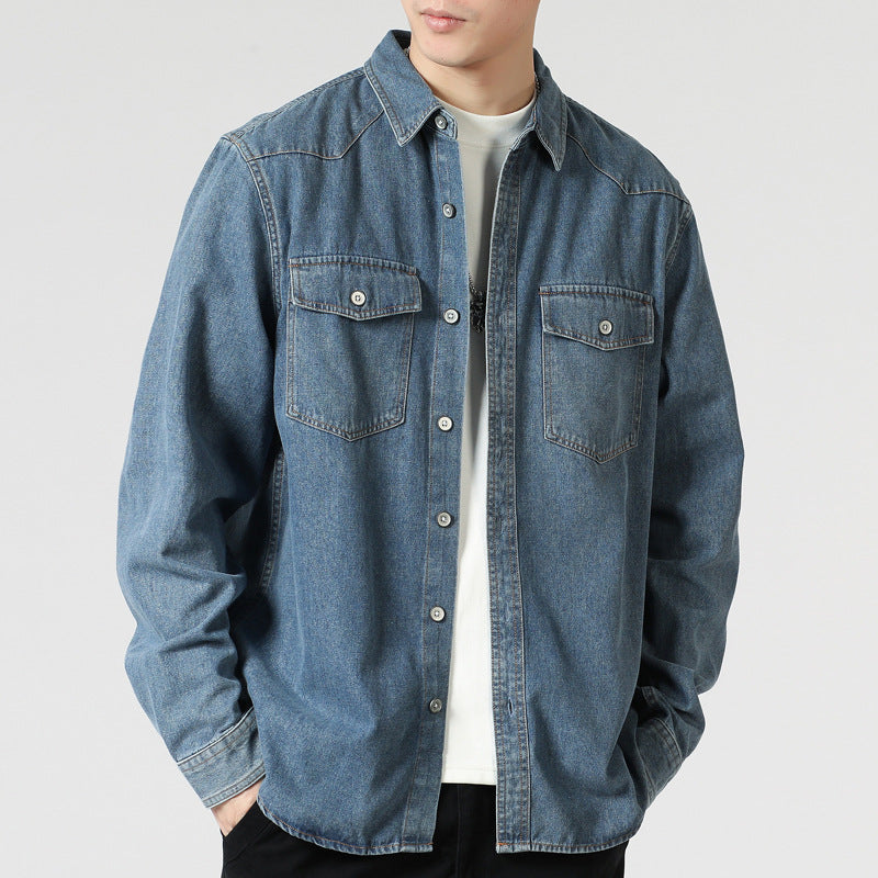 Men's Loose Denim Overshirt with Patch Chest Pockets and Full Button Placket Mune Fashion