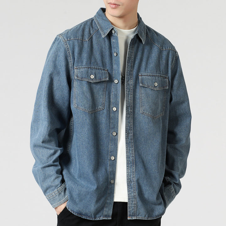 Men's Loose Denim Overshirt with Patch Chest Pockets and Full Button Placket Mune Fashion