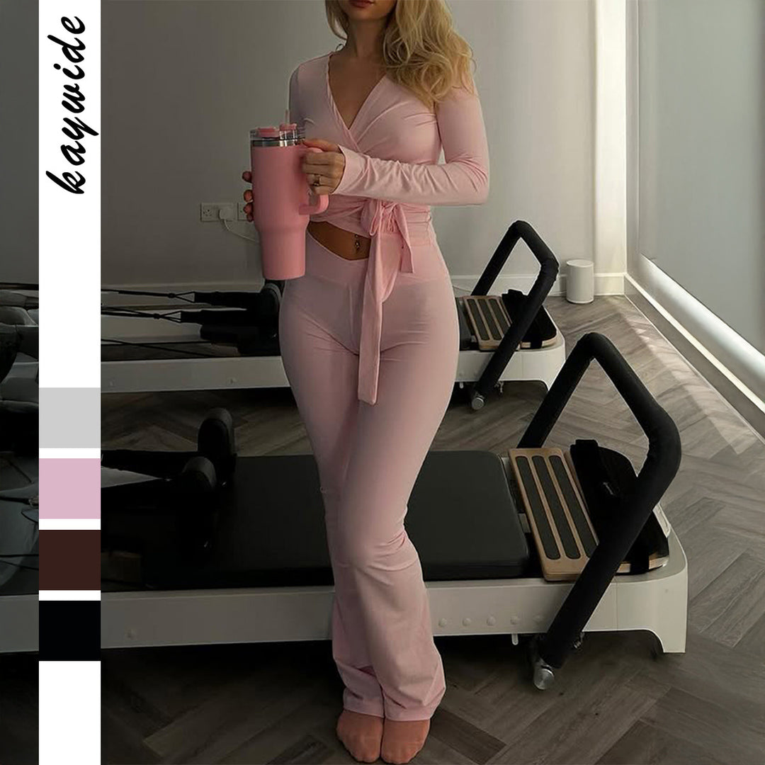 Women’s wrap crop top with knot waistband and high waist bootcut leggings set Mune Fashion
