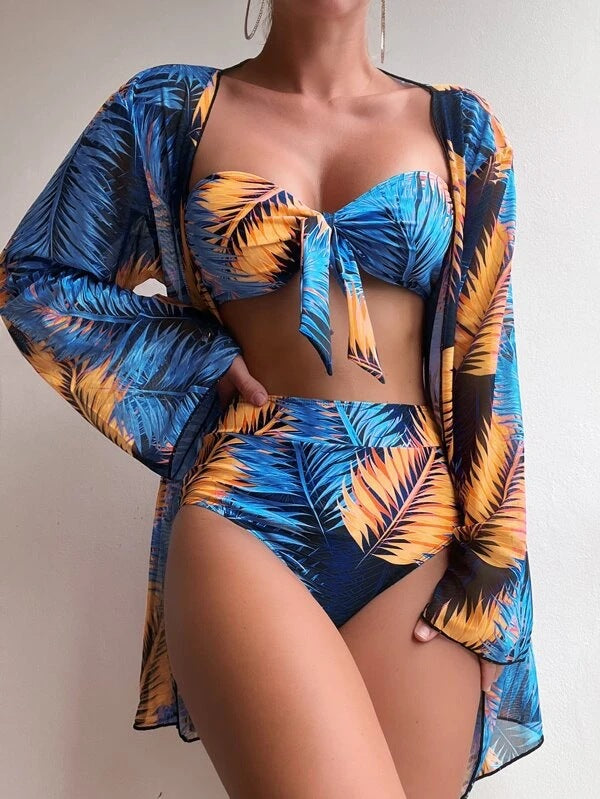 Ladies bandeau bikini with floral design and matching kimono Mune Fashion