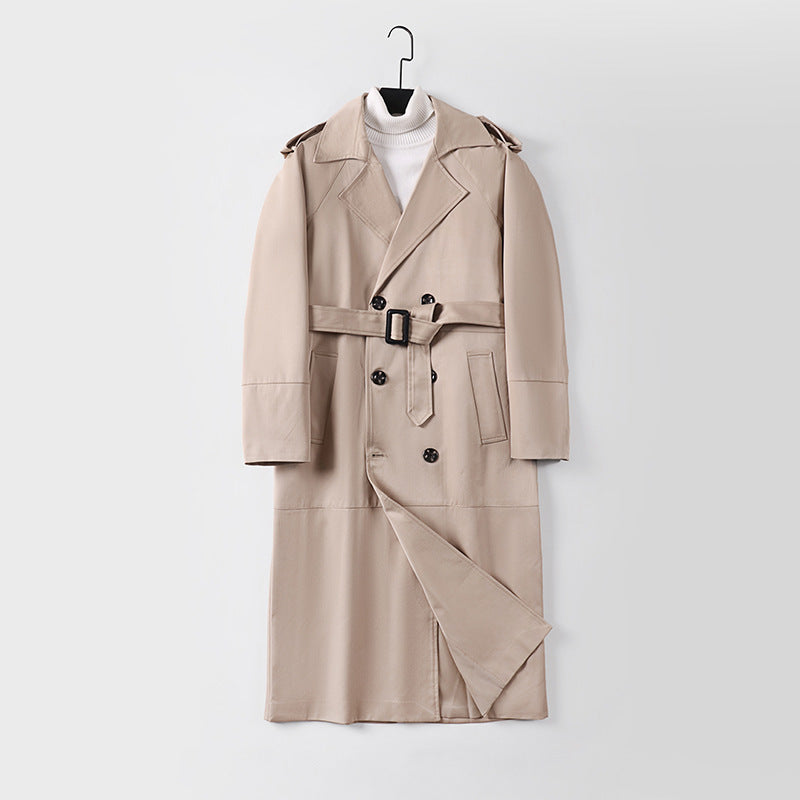 Men's Long Double-Breasted Trench Coat with Belt and Epaulettes Mune Fashion