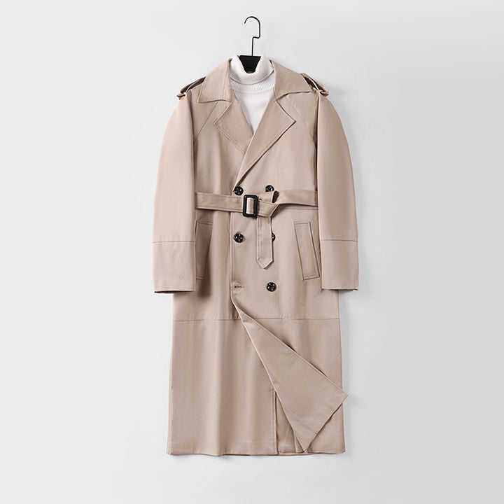 Men's Long Double-Breasted Trench Coat with Belt and Epaulettes Mune Fashion
