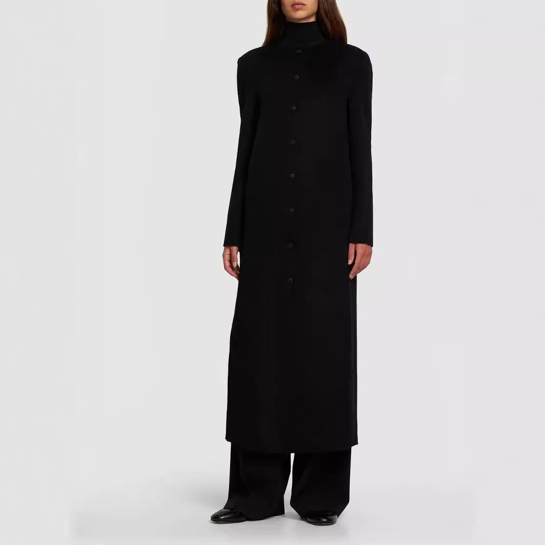 Women's Long Minimalist Stand-Up Collar Coat made of Wool Blend with Concealed Button Placket Mune Fashion