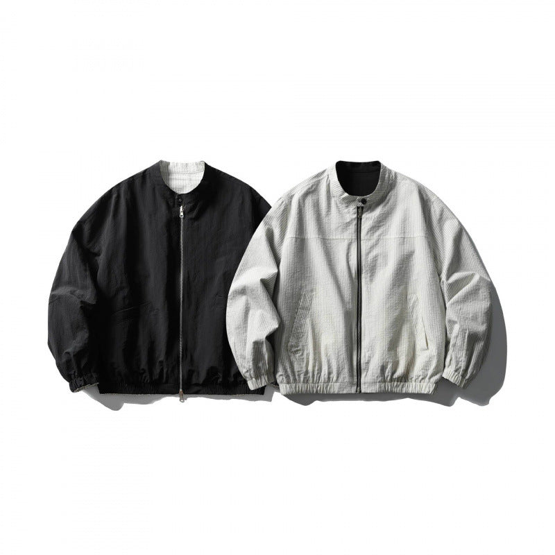 Unisex Light Oversized Bomber Jacket Made of Textured Fabric with Stand-Up Collar and Elastic Hem Mune Fashion