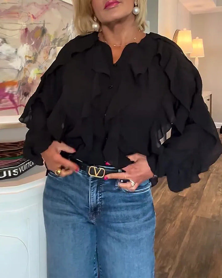 Women's semi-transparent layered ruffle blouse made of chiffon with balloon sleeves and hidden button placket Mune Fashion